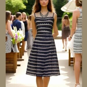 Bcbg Max Azria-100% silk Sz 8. Mid length, A Line,back zip, Black/cream dots EUC